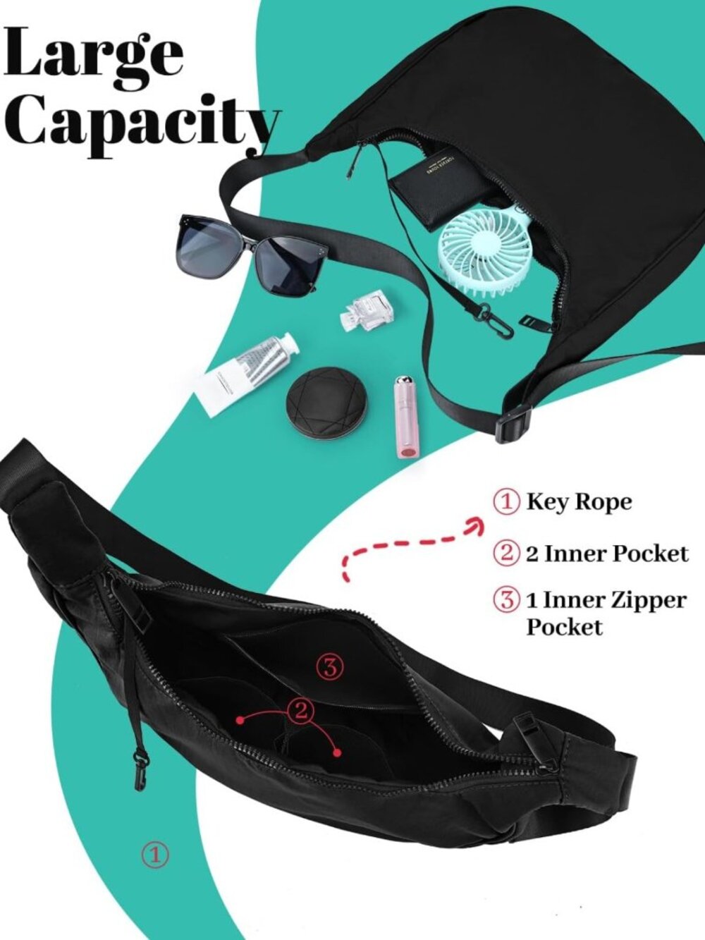 Stylish Medium Nylon Crossbody Bag for Women & Men, 2 Zippers, Adjustable Strap - Picture 6 of 7